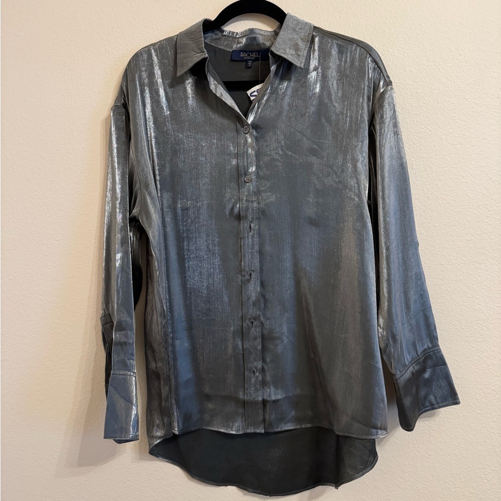Rachel Roy Shirt Silver Metallic Button-Down Long Sleeves Shirt M Gray - Picture 3 of 15